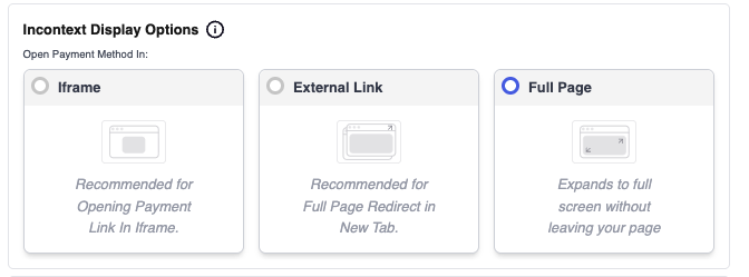 Full Page option selected under Incontext Display Options