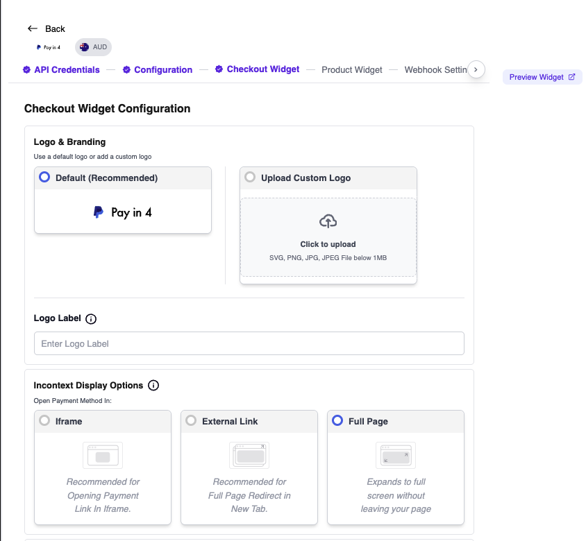 PayPal Pay in 4 Checkout Widget configuration in the UPP